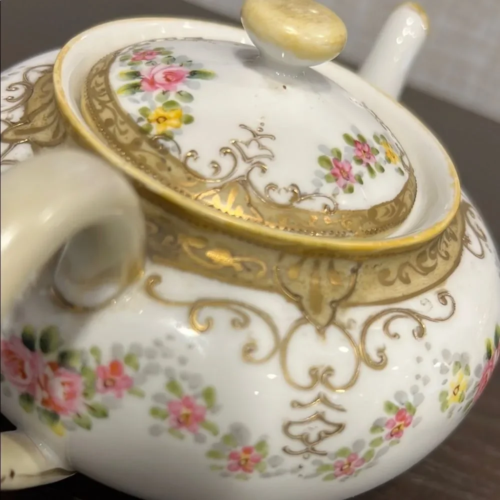 Antique Noritake Nippon Maple Leaf Teapot 1891 Hand Painted Gold Pink Roses